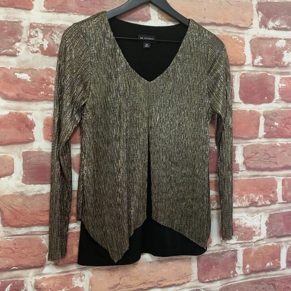 IN STUDIO Top Women's Medium Petite Gold Black Metallic Sparkly Split Blouse - Picture 2 of 8